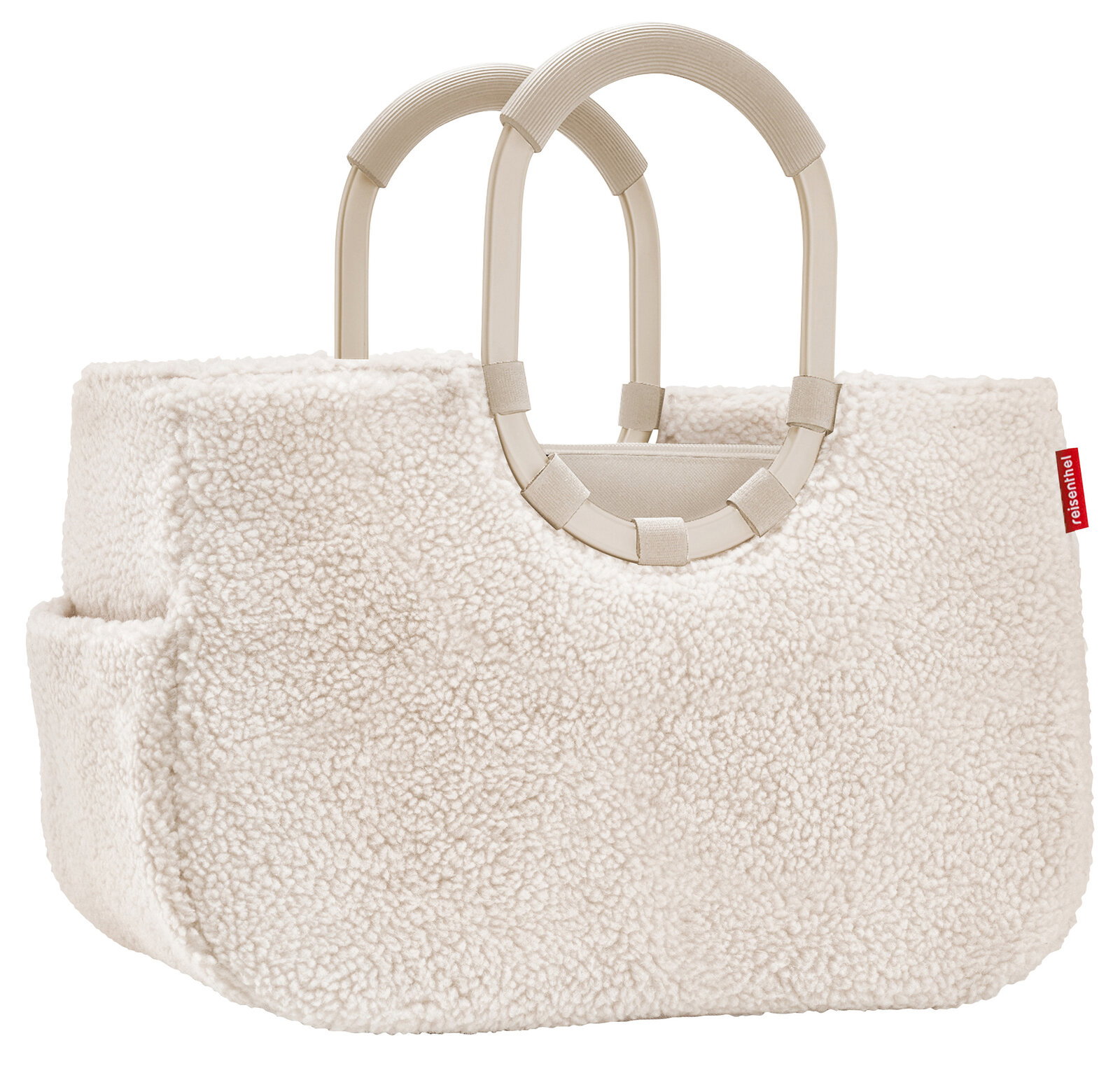 Reisenthel Loopshopper M Teddy Sand Loopshopper M in cremefarbener Schaffelloptik mit zwei stabilen Griffen, Seitenansicht.