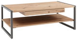 Moderner Couchtisch aus Holz mit Metallrahmen, seitliche Perspektive