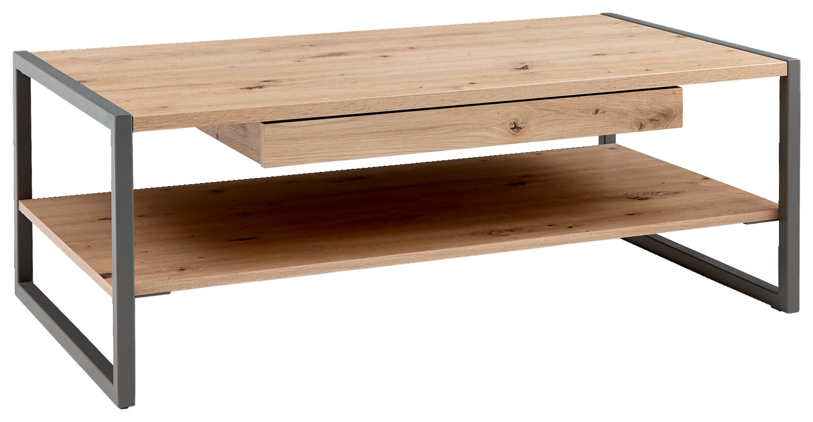 Moderner Couchtisch aus Holz mit Metallrahmen, seitliche Perspektive