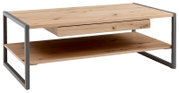Moderner Couchtisch aus Holz mit Metallrahmen, seitliche Perspektive