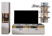 Moderne Wandkombination COMO von Zurbrüggen mit TV-Schrank, Vitrine und Wandregal in frontaler Ansicht.