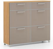 Moderner Schuhschrank mit sechs Fächern, Holzoptik an den Seiten, Frontansicht