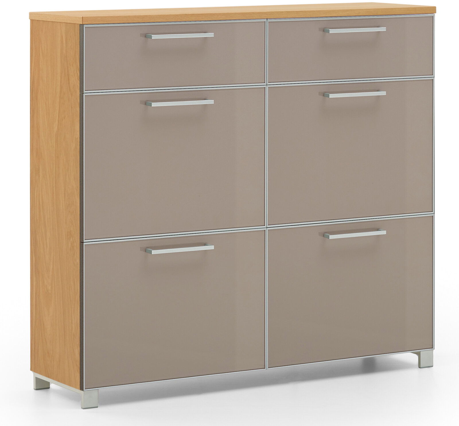 Moderner Schuhschrank mit sechs Fächern, Holzoptik an den Seiten, Frontansicht