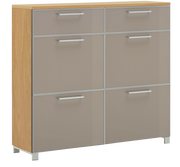 Moderner Schuhschrank mit sechs Fächern, Holzoptik an den Seiten, Frontansicht