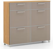 Moderner Schuhschrank mit sechs Fächern, Holzoptik an den Seiten, Frontansicht