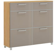 Moderner Schuhschrank mit sechs Fächern, Holzoptik an den Seiten, Frontansicht