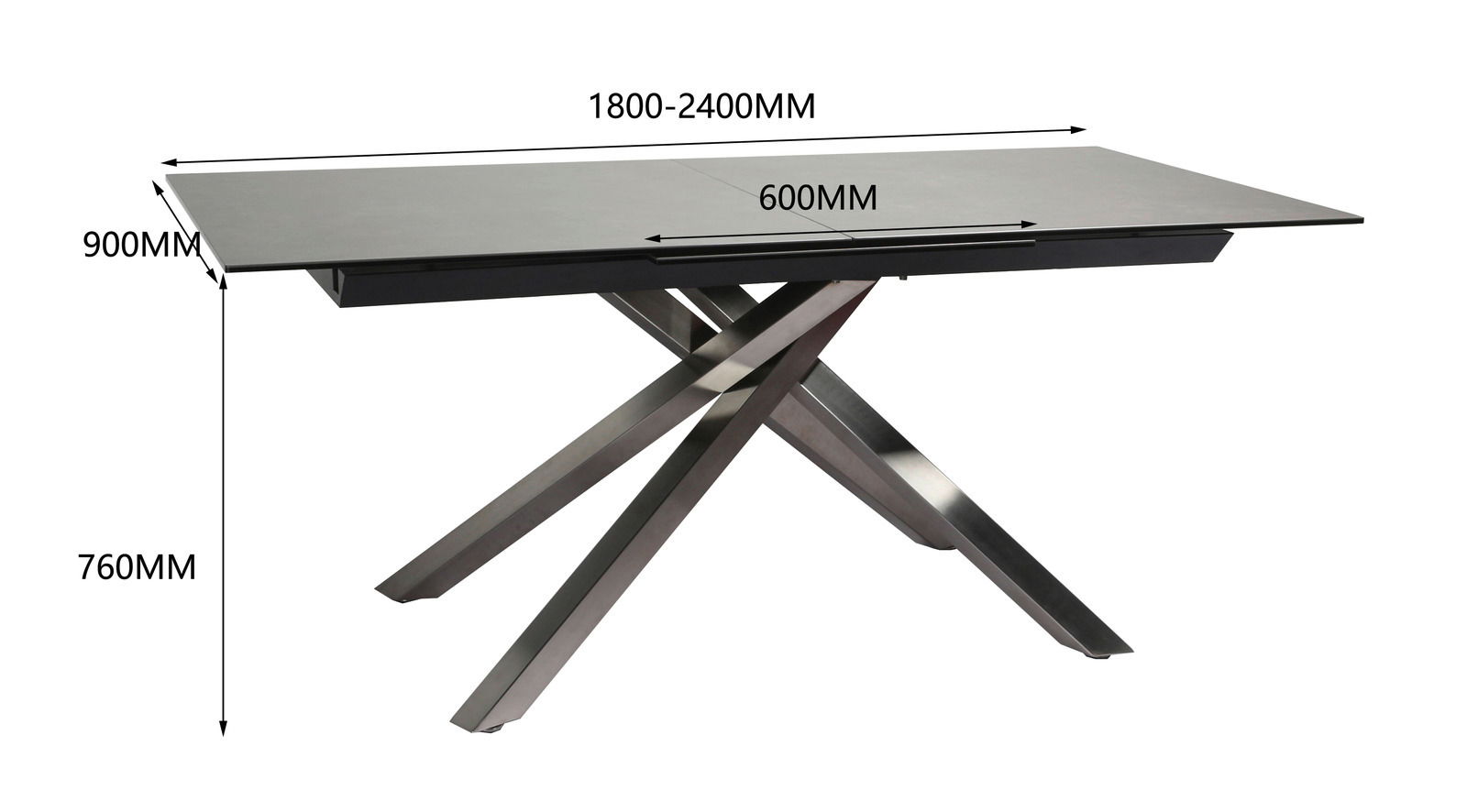 Moderner Esstisch mit ausziehbarer Tischplatte, seitliche Perspektive