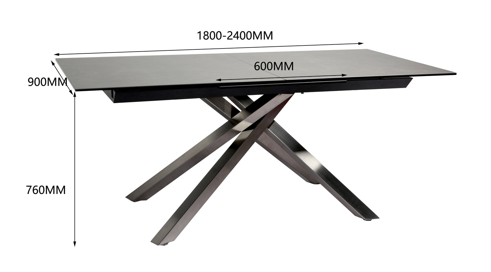 Moderner Esstisch mit ausziehbarer Tischplatte, seitliche Perspektive