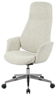 Moderner Chefsessel in hellgrauem Stoffbezug mit hoher Rückenlehne und verstellbaren Armlehnen, seitliche Perspektive