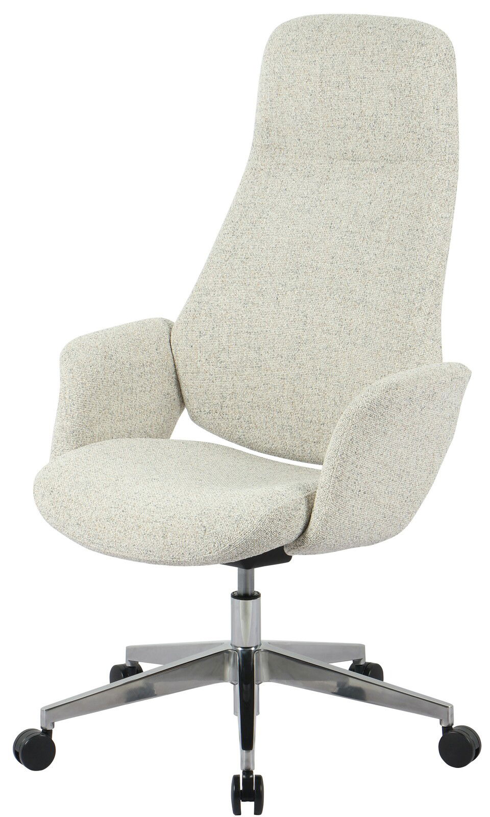 Moderner Chefsessel in hellgrauem Stoffbezug mit hoher Rückenlehne und verstellbaren Armlehnen, seitliche Perspektive