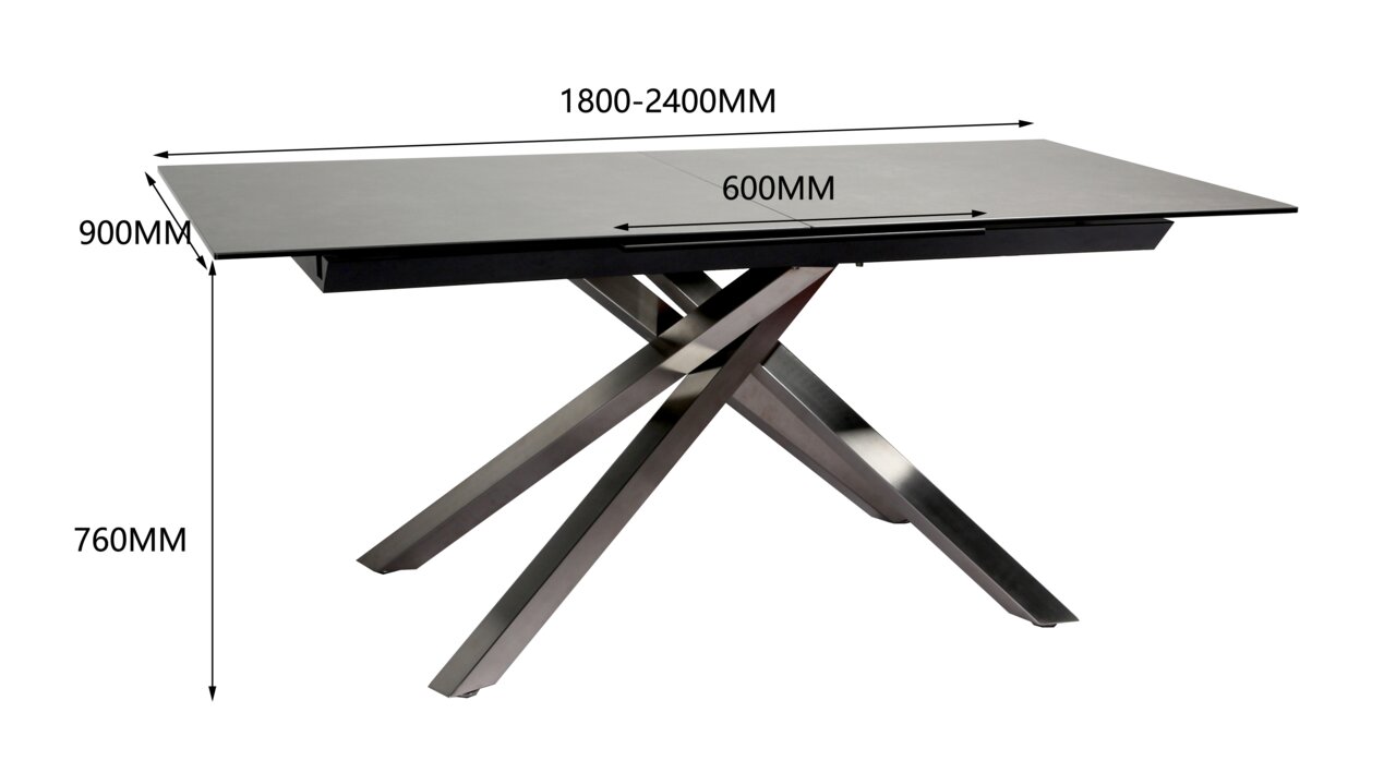 Moderne eettafel met uitschuifbaar tafelblad, zijaanzicht