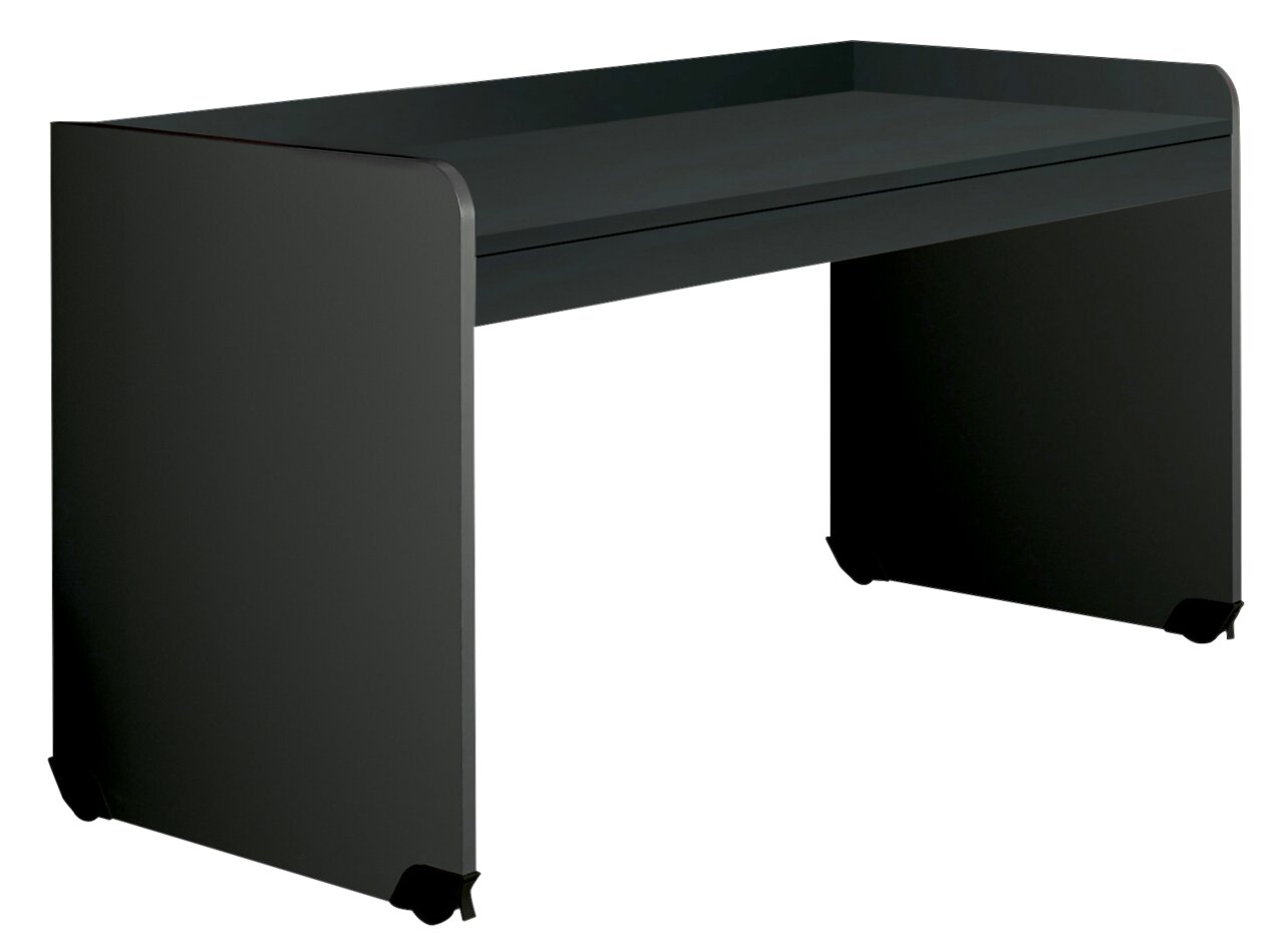 Moderner, dunkelgrauer Schreibtisch mit klaren Linien und seitlicher Perspektive.
