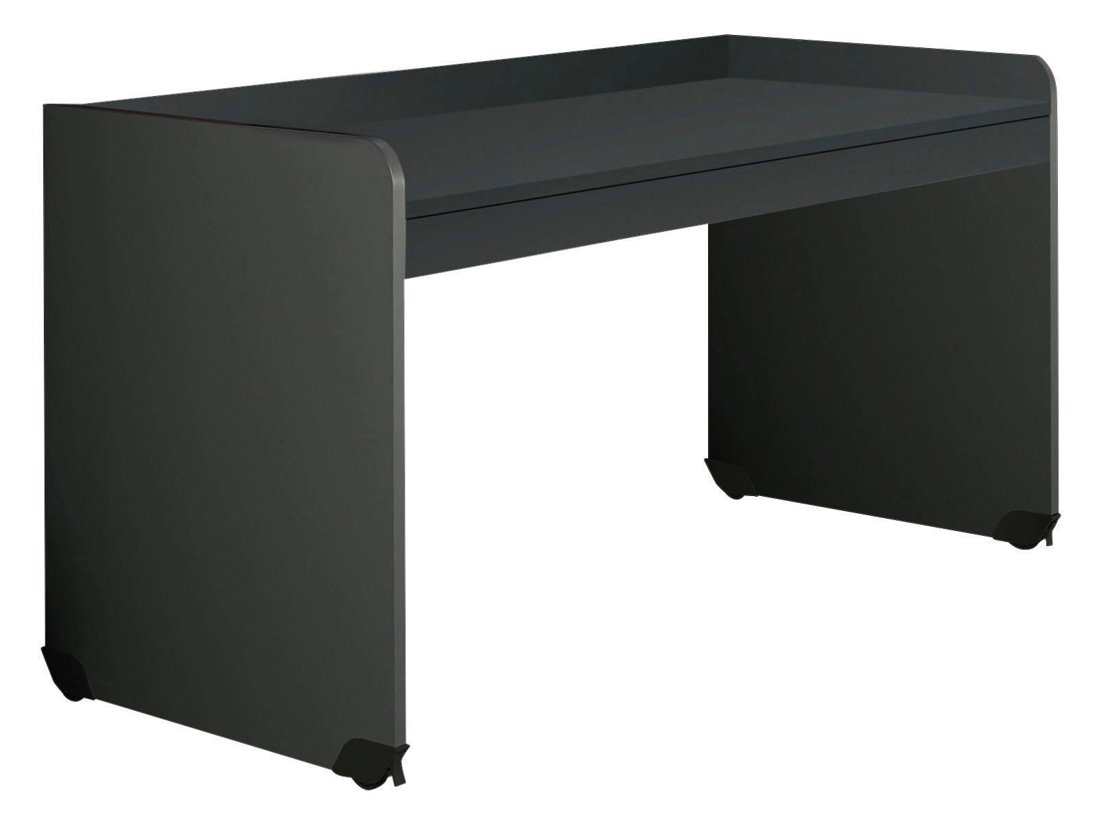 Moderner, dunkelgrauer Schreibtisch mit klaren Linien und seitlicher Perspektive.