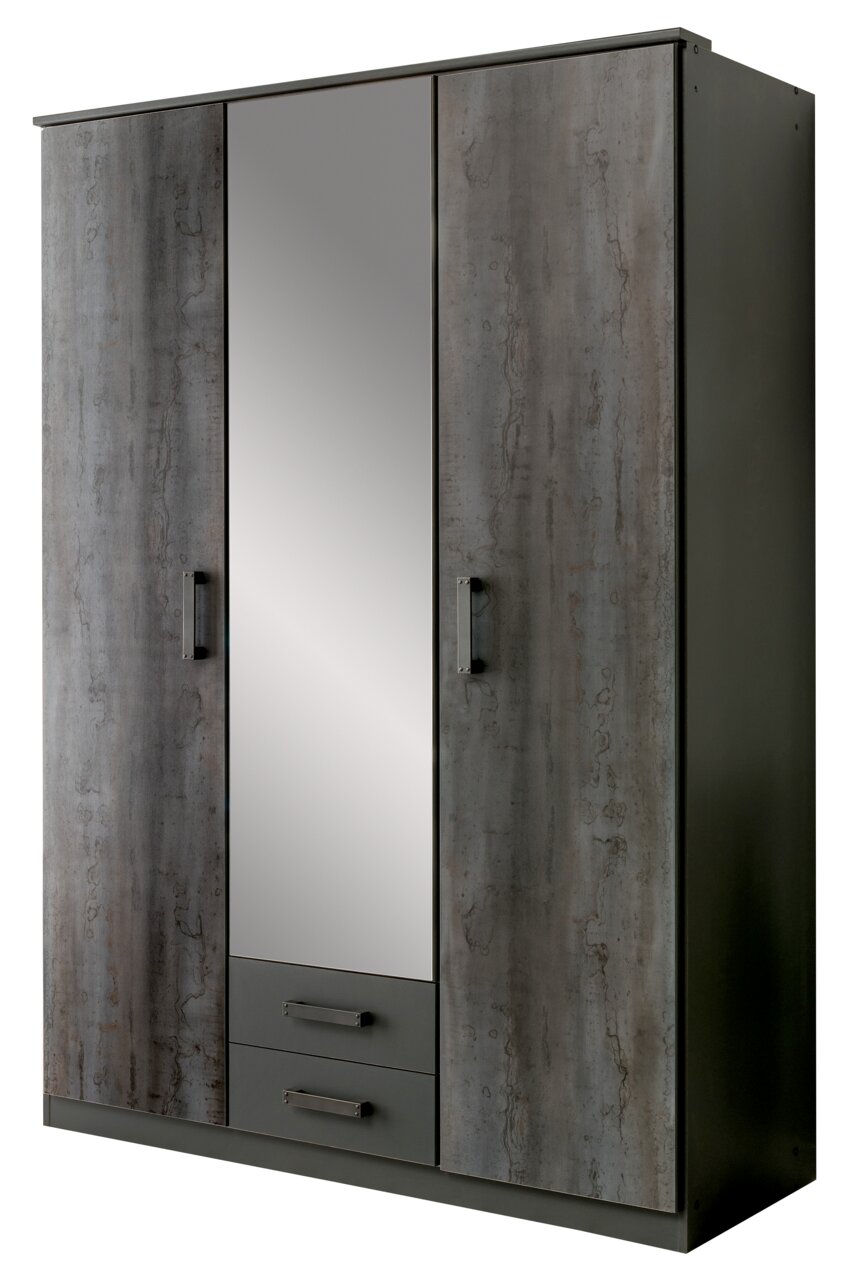 Z2 Drehtürenschrank 3trg. DUISBURG Drehtürenschrank mit drei Türen, mittlere Tür mit Spiegel, graue Holzoptik, seitliche Perspektive