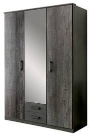 Drehtürenschrank mit drei Türen, mittlere Tür mit Spiegel, graue Holzoptik, seitliche Perspektive