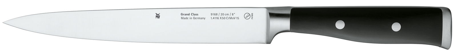 Küchenmesser mit schwarzem Griff und Edelstahlklinge, seitliche Ansicht