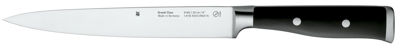 Küchenmesser mit schwarzem Griff und Edelstahlklinge, seitliche Ansicht