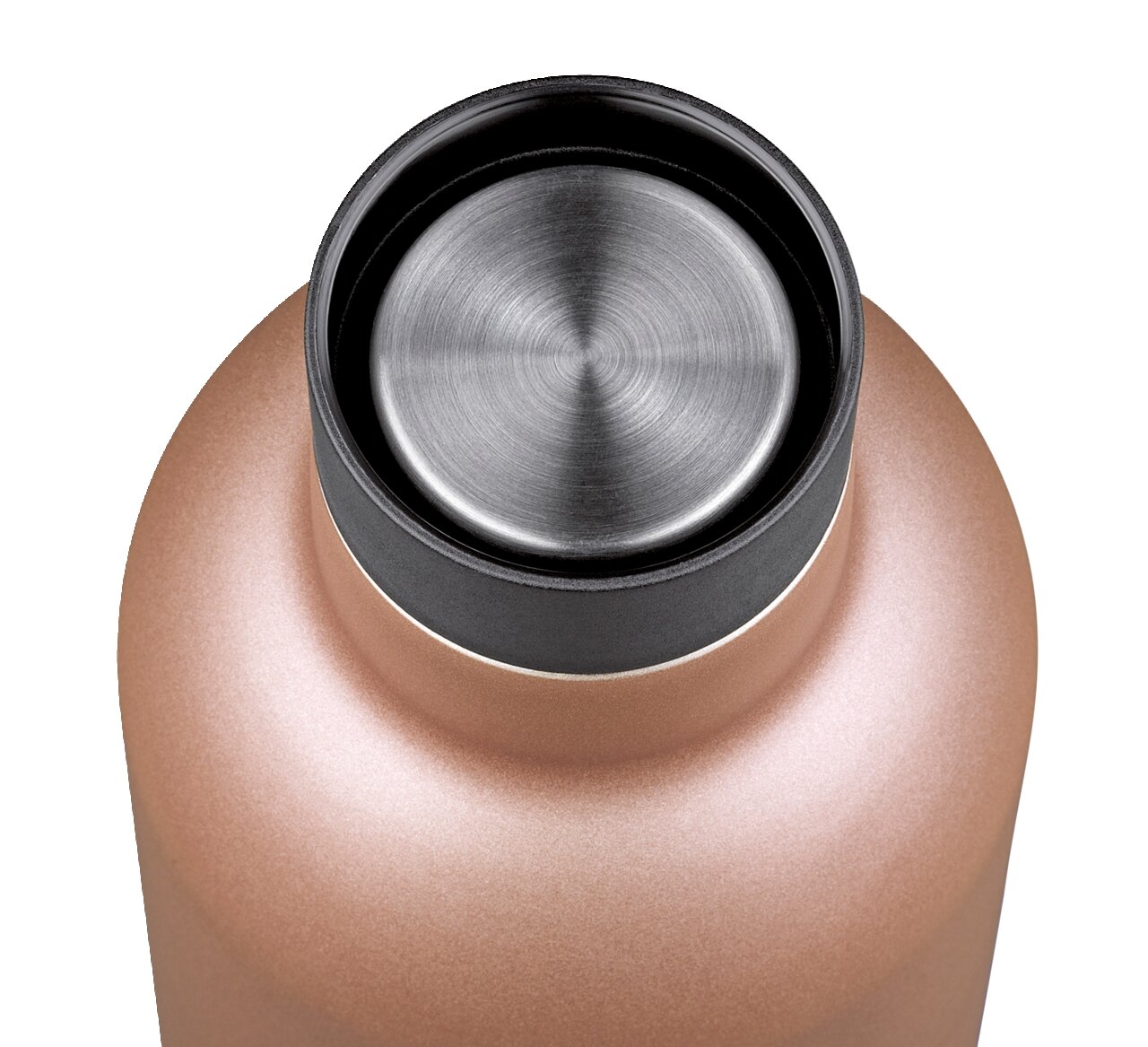 Ansicht von oben auf eine kupferfarbene Isoliertrinkflasche mit schwarzem Deckel und Edelstahlverschluss.