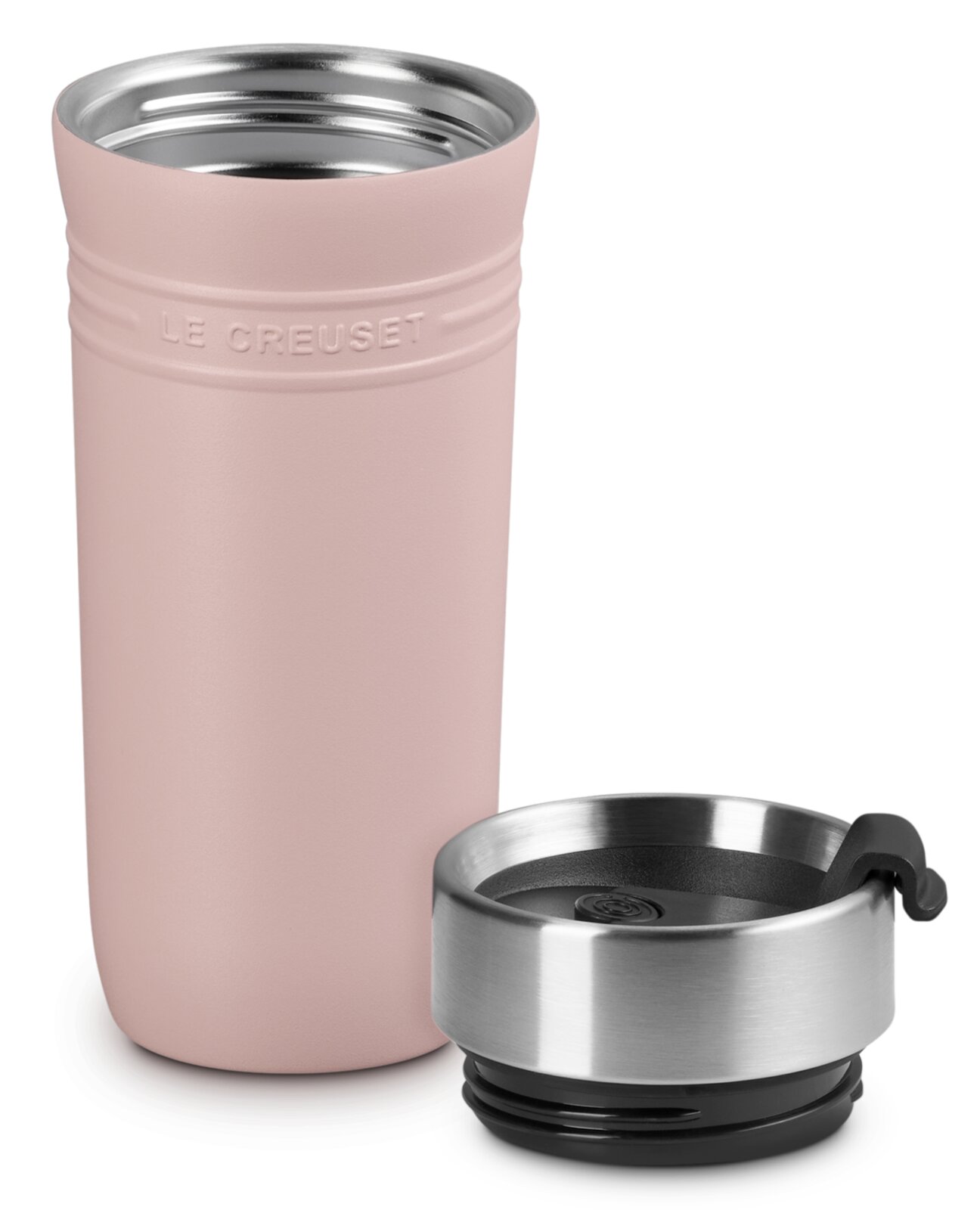LE CREUSET Thermobecher Shell Pink ON THE GO Thermobecher 350ml in Shell Pink mit abgenommenem Deckel, seitliche Ansicht