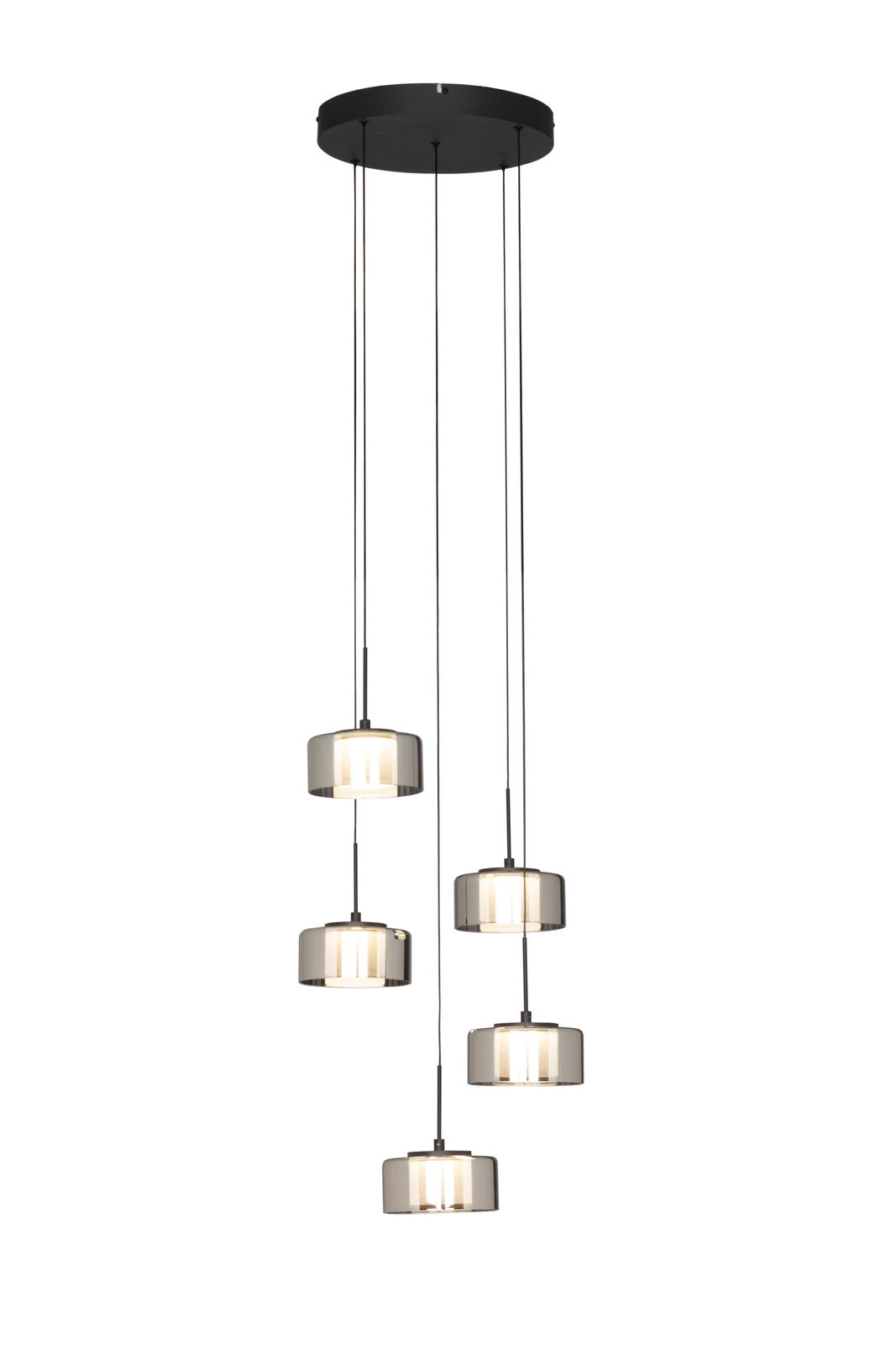 Moderne LED-Hängeleuchte mit fünf zylindrischen Lampenschirmen, von unten betrachtet.