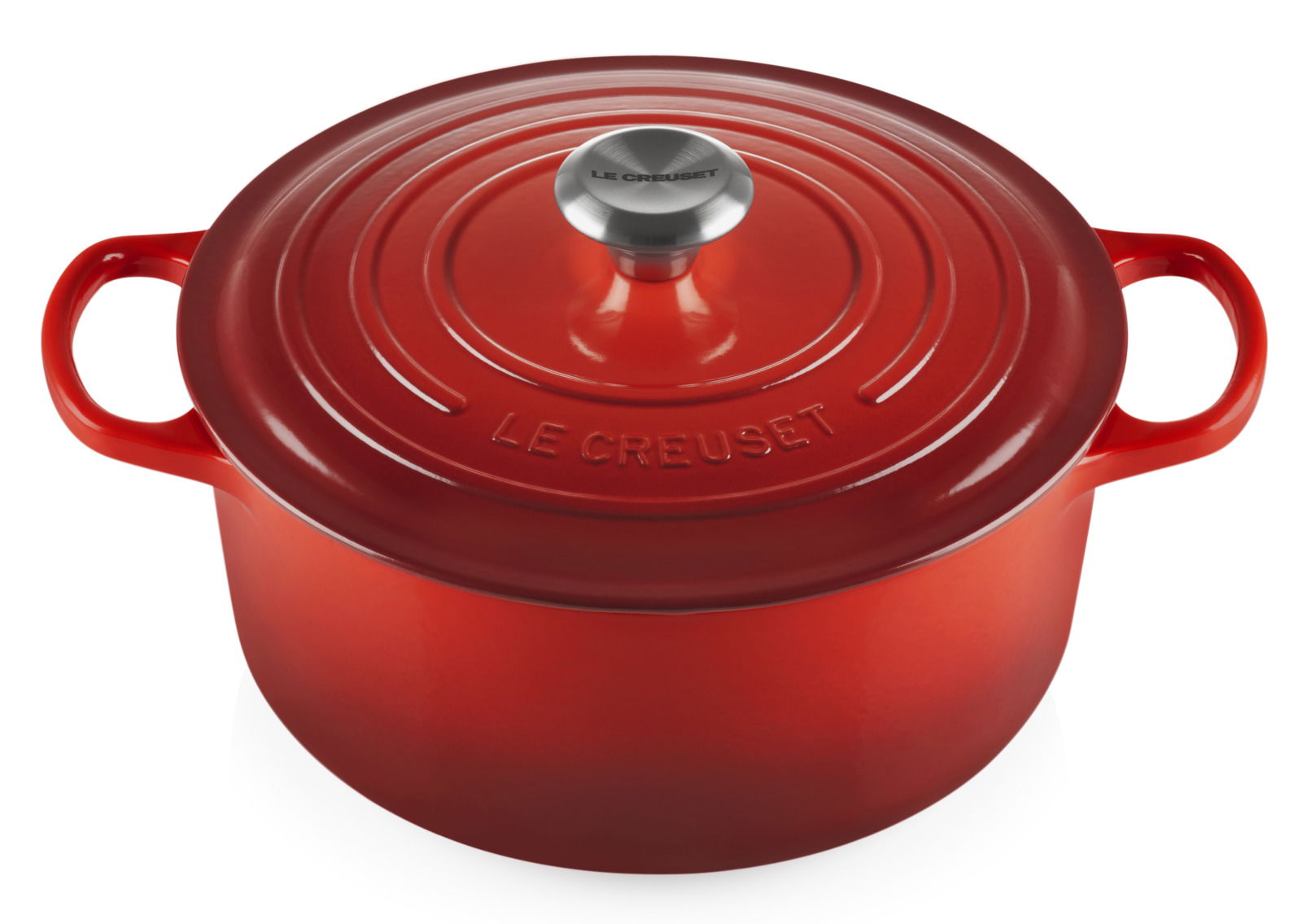 LE CREUSET Ronde braadpan 26 cm kersenrood SIGNATURE Runder roter Bräter von Le Creuset aus der Vogelperspektive