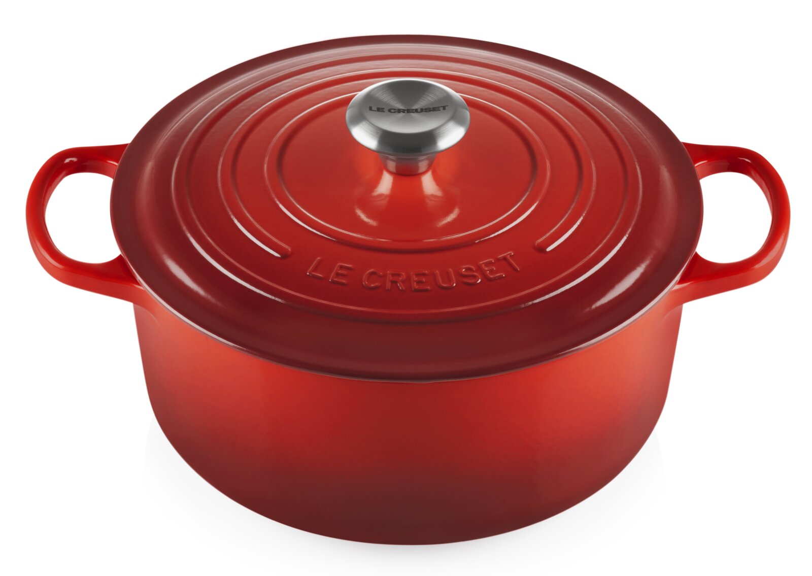 LE CREUSET Bräter Rund 26cm Kirschrot SIGNATURE Runder roter Bräter von Le Creuset aus der Vogelperspektive