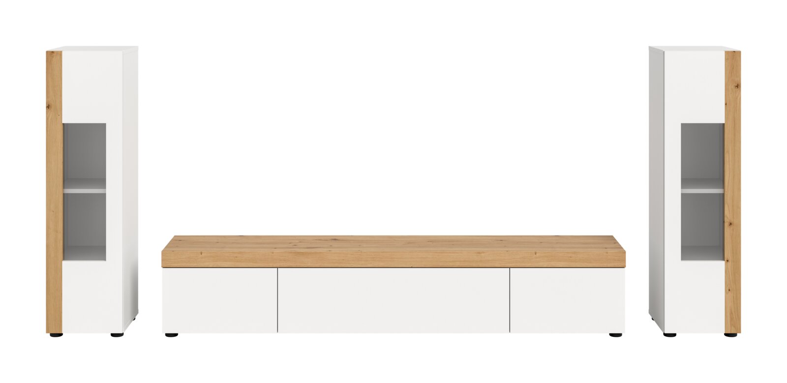 Wohnkombination in Weiß mit Holzdetails, bestehend aus zwei hohen Schränken und einem niedrigen TV-Board, frontal betrachtet.