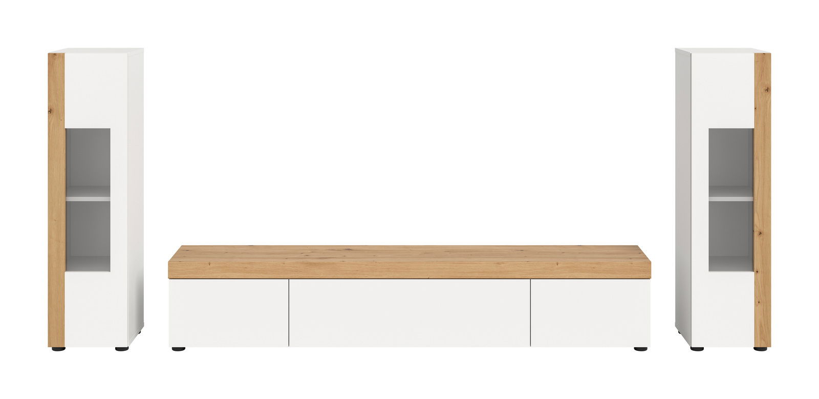 Wohnkombination in Weiß mit Holzdetails, bestehend aus zwei hohen Schränken und einem niedrigen TV-Board, frontal betrachtet.