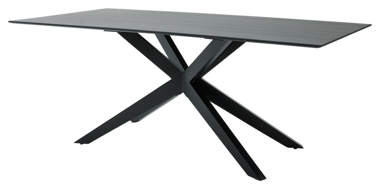 Moderner Esstisch mit schwarzer Tischplatte und X-förmigem Gestell, seitliche Perspektive