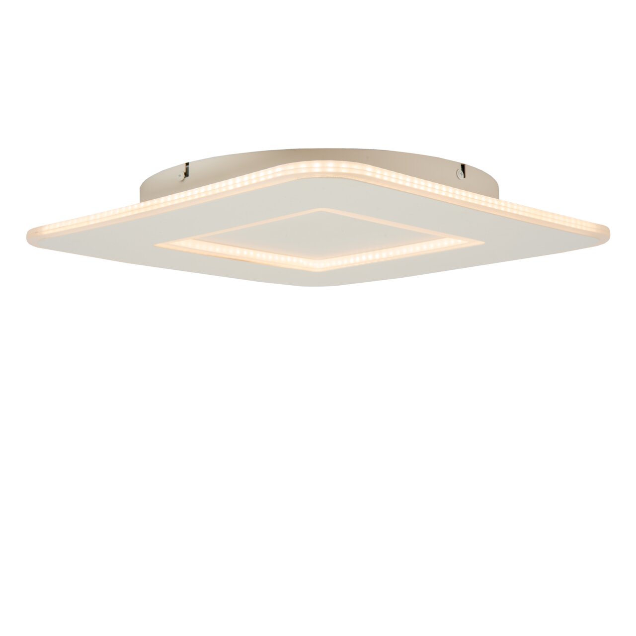 Moderne quadratische Deckenleuchte mit warmweißer LED-Beleuchtung, seitliche Perspektive