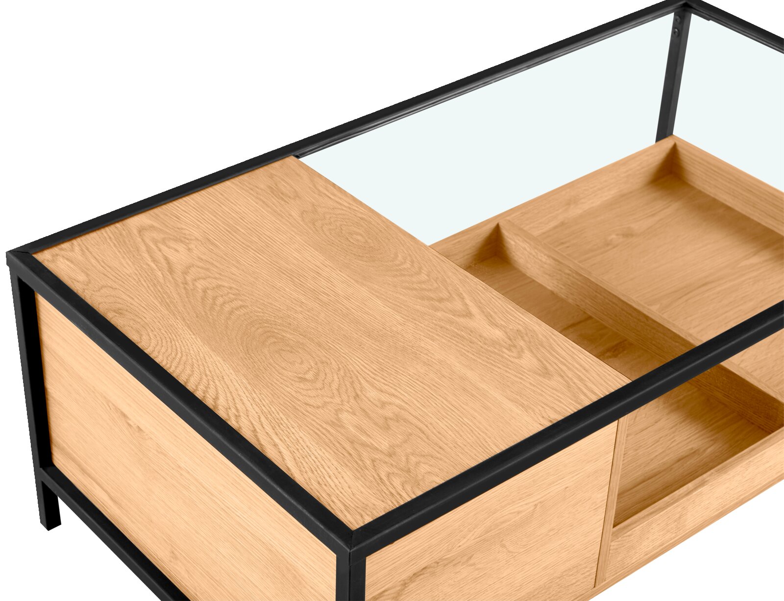 Moderne houten salontafel met glazen blad en zwart metalen frame, gezien van bovenaf.
