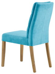 Moderner Stuhl mit türkisfarbenem Stoffbezug und Holzbeinen, seitliche Rückansicht