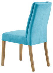 Moderner Stuhl mit türkisfarbenem Stoffbezug und Holzbeinen, seitliche Rückansicht
