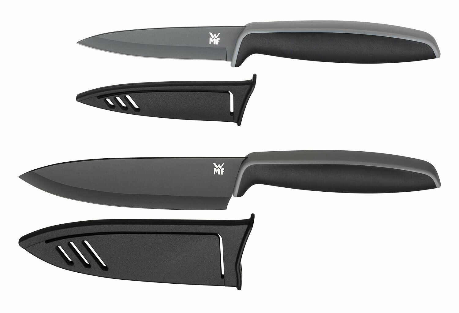 Zweiteiliges Messerset in Schwarz mit ergonomischen Griffen und Klingenschutz, seitliche Ansicht