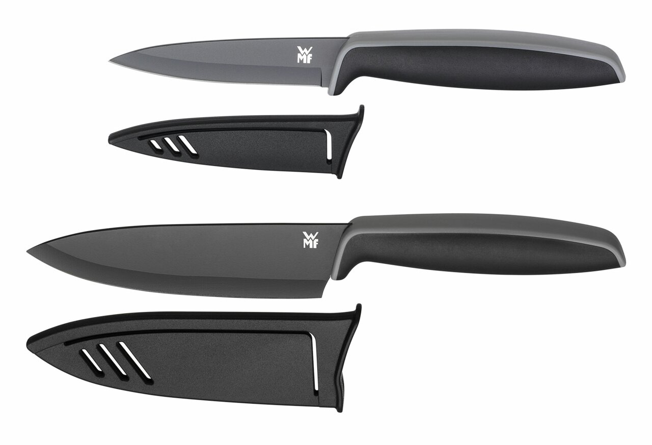 Zweiteiliges Messerset in Schwarz mit ergonomischen Griffen und Klingenschutz, seitliche Ansicht