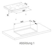 Isometrische technische Maßzeichnung eines 4-Zonen-Kochfelds mit Einbaumaßen (Ausschnitt ca. 560 x 490 mm) sowie Geräteabmessungen ca. 580 x 510 x 50 mm, Perspektive schräg von oben.