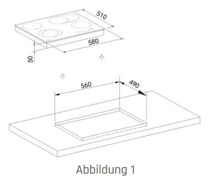 Isometrische technische Maßzeichnung eines 4-Zonen-Kochfelds mit Einbaumaßen (Ausschnitt ca. 560 x 490 mm) sowie Geräteabmessungen ca. 580 x 510 x 50 mm, Perspektive schräg von oben.
