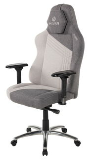 Grauer Gaming-Stuhl mit ergonomischem Design, verstellbaren Armlehnen und stabiler Basis, seitliche Perspektive