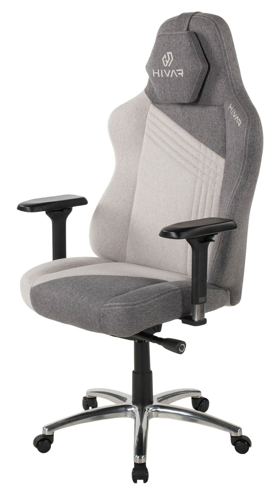 Grauer Gaming-Stuhl mit ergonomischem Design, verstellbaren Armlehnen und stabiler Basis, seitliche Perspektive