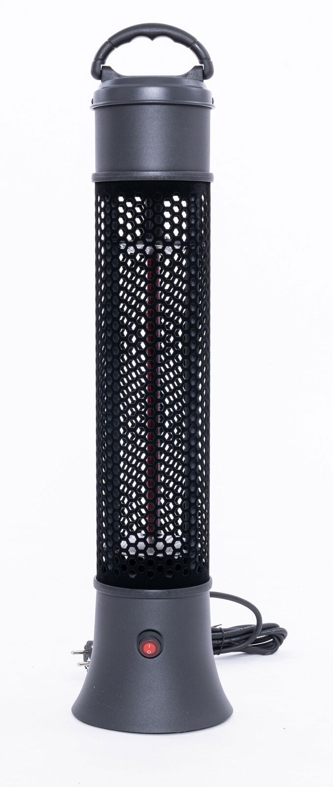 Infrarot-Standheizstrahler in Frontalansicht mit schwarzem Gitterdesign und rotem Schalter an der Basis.