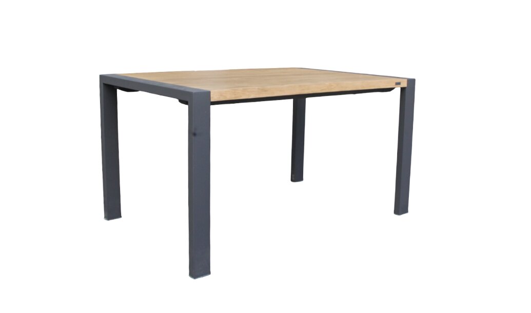 Moderne tuintafel met houten blad en metalen onderstel, zijaanzicht
