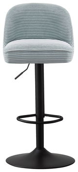 Moderner Barhocker XORA JAMES in Frontansicht mit gepolstertem, geripptem Sitz in Hellblau und schwarzem Metallgestell.
