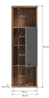 Hochschrank aus Holz mit mehreren Fächern und einer teilweise geöffneten Tür, seitliche Perspektive.