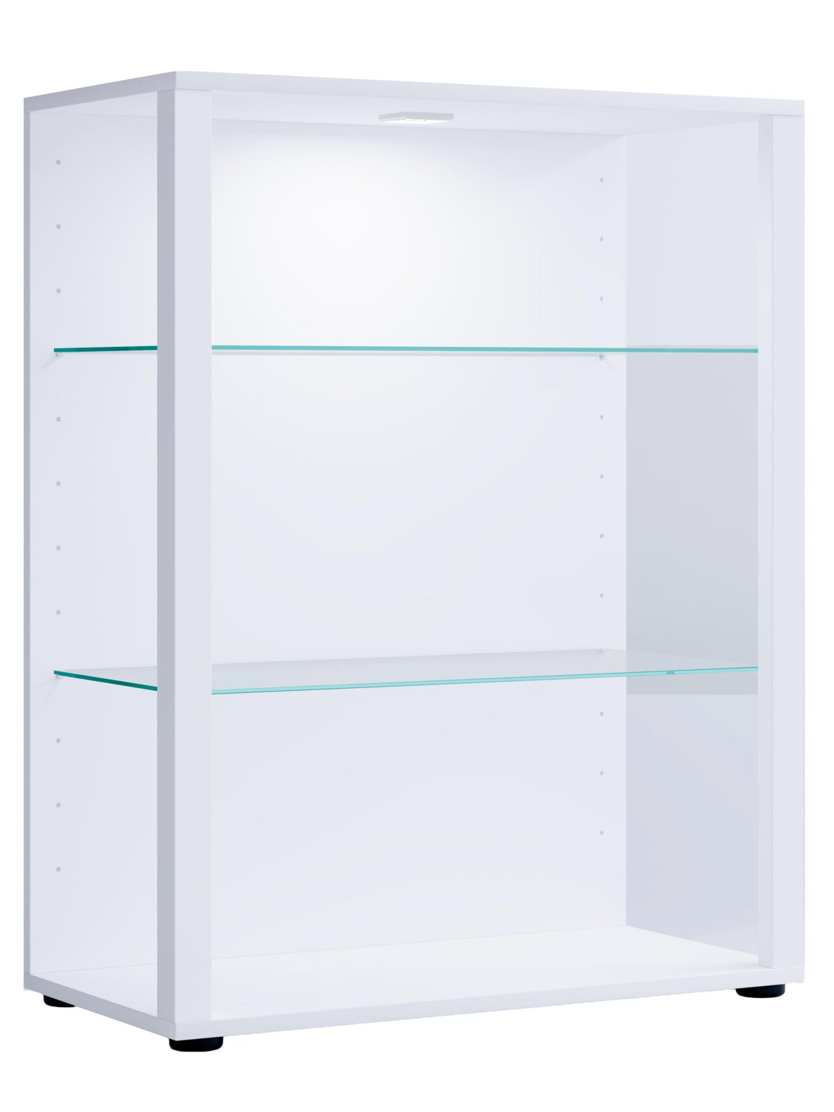 VCM Vitrine GLASOL Weißer offener Vitrinenschrank mit zwei höhenverstellbaren Glasböden und integrierter LED-Beleuchtung, perspektivisch von vorne links dargestellt