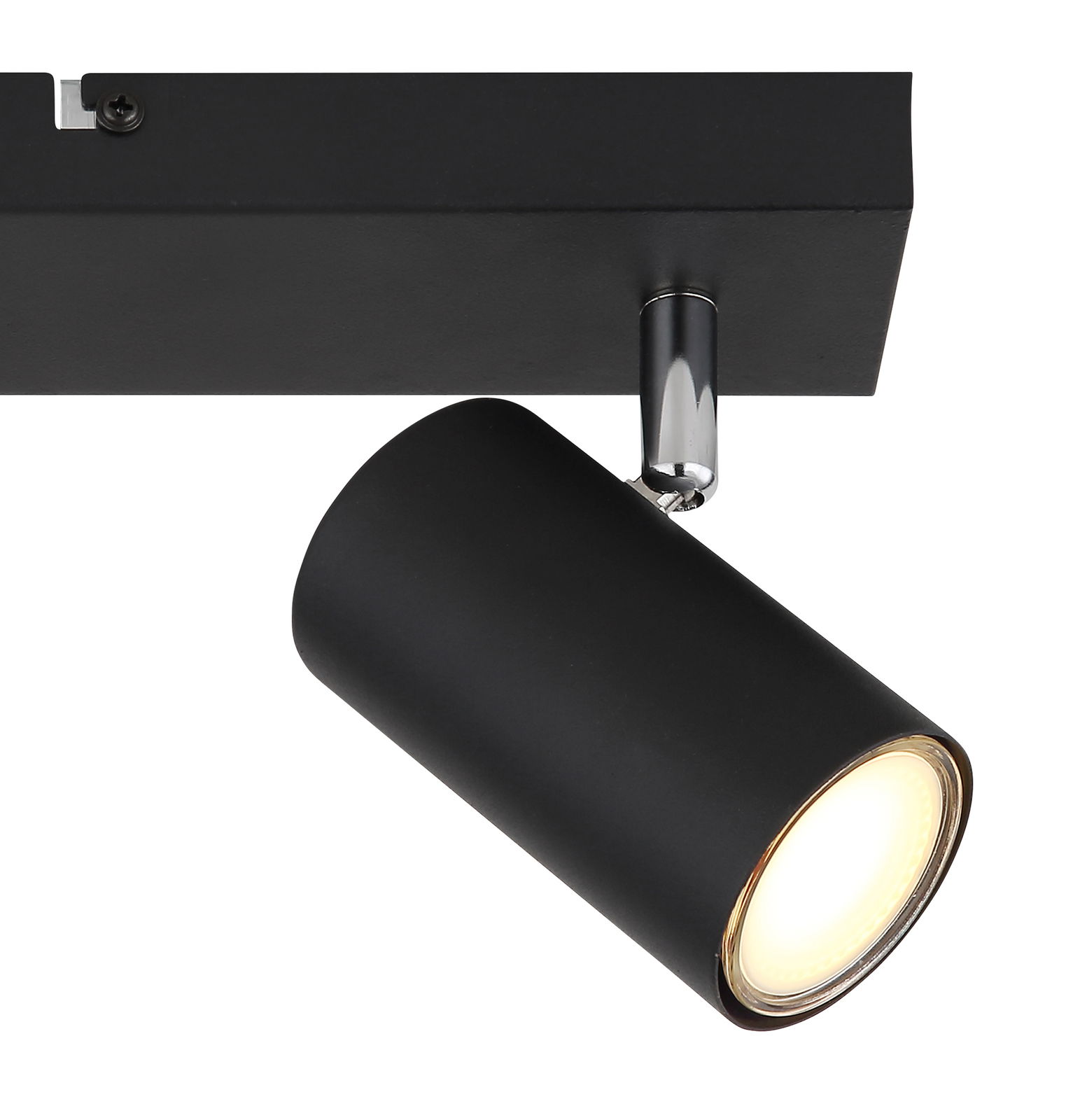 Schwarzer zylindrischer Strahler, seitliche Perspektive, montiert an einer Deckenhalterung.