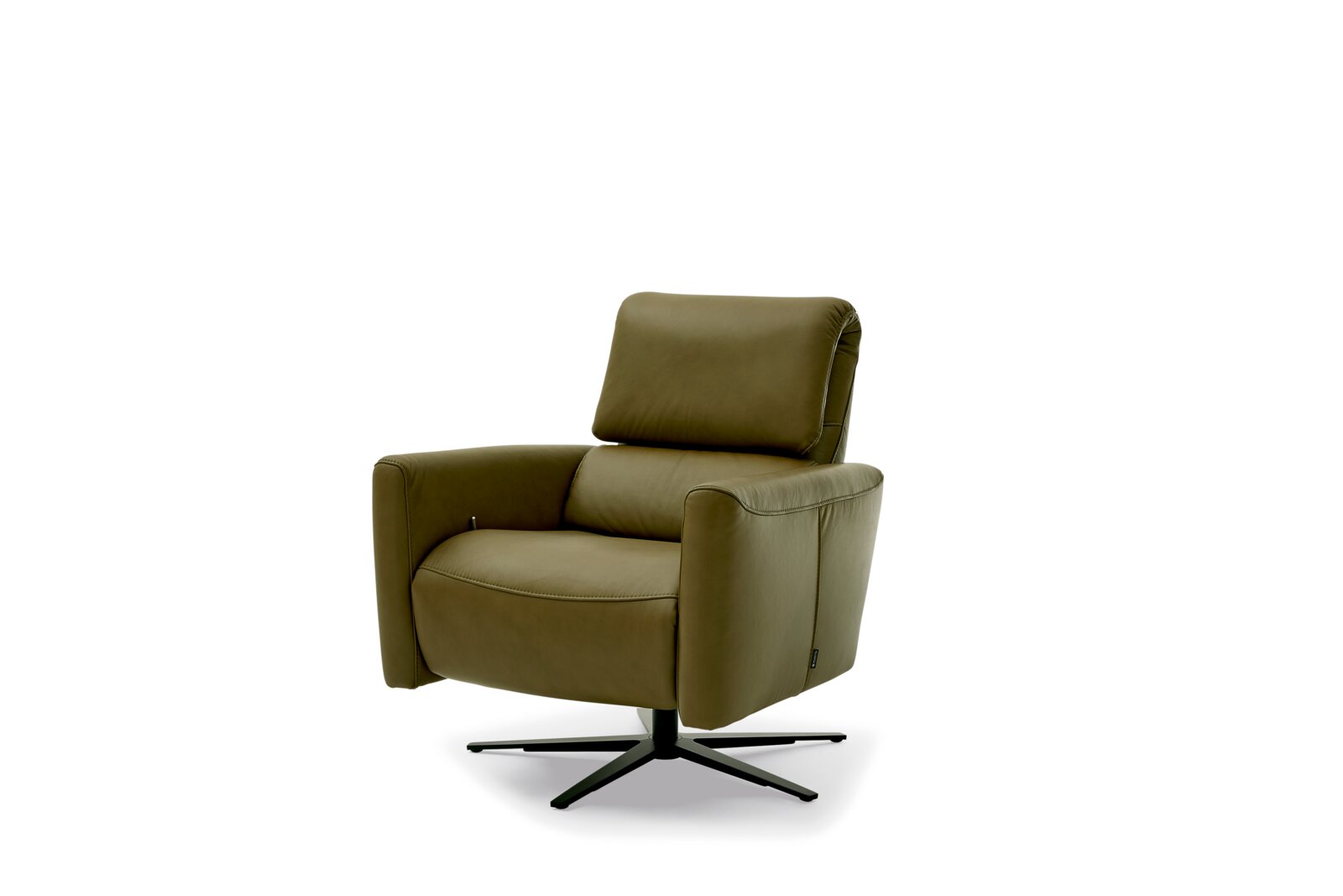 Moderne olijfgroene relaxfauteuil met zwarte draaivoet, zijaanzicht