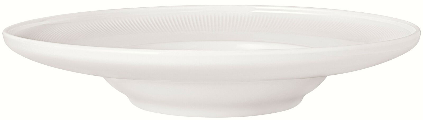Seitliche Ansicht eines tiefen weißen Suppentellers Afina mit einem Durchmesser von 29,2 cm.