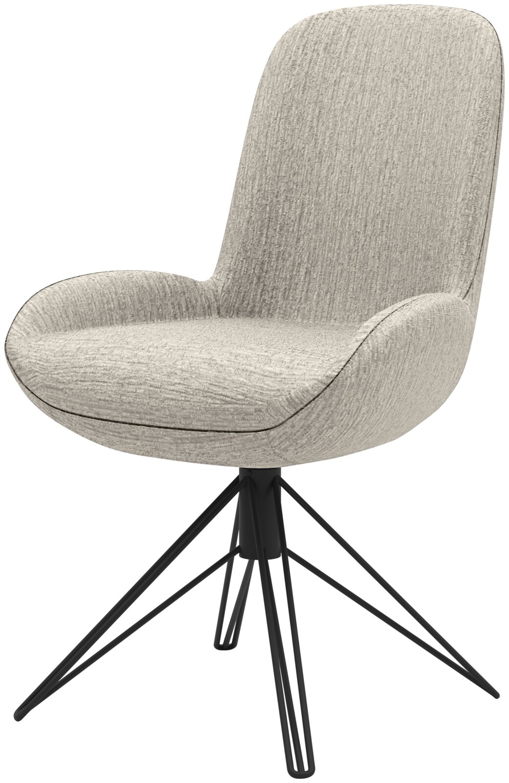 Moderner grauer Stuhl mit gepolsterter Sitzfläche und schwarzem Metallgestell, seitliche Perspektive