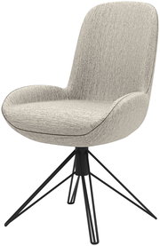 Moderner grauer Stuhl mit gepolsterter Sitzfläche und schwarzem Metallgestell, seitliche Perspektive