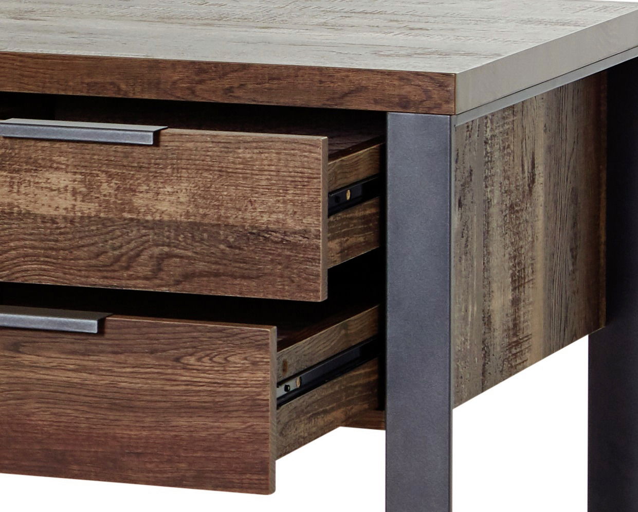 Nahaufnahme eines Schreibtisches mit zwei geöffneten Schubladen aus Holzoptik, seitliche Perspektive